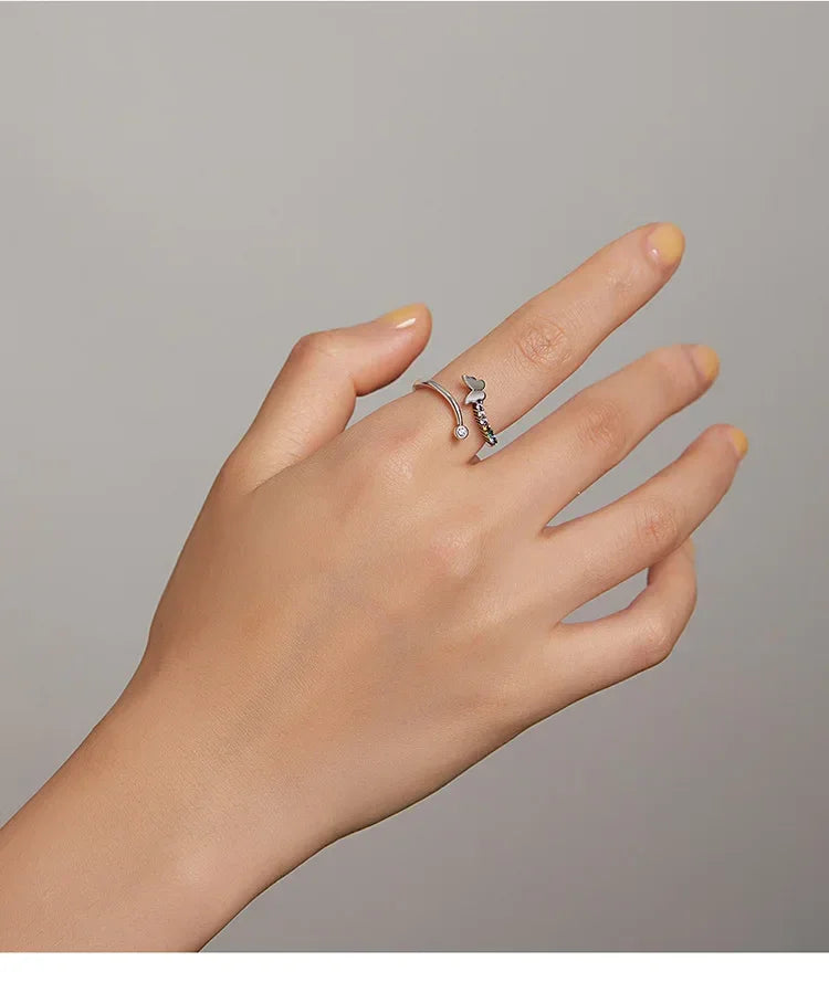 925 Sterling Silver Rainbow Butterfly Ring for Women - Adjustable Open Ring with Colorful Zircon Stones