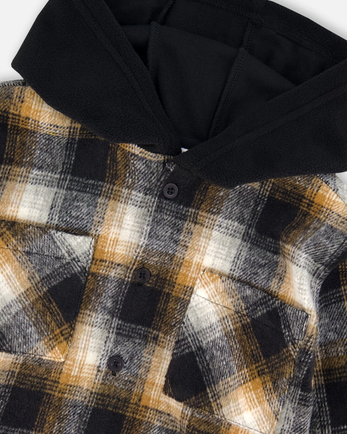 Hooded Polar Fleece Overshirt With Hood Black And Brown Plaid-3