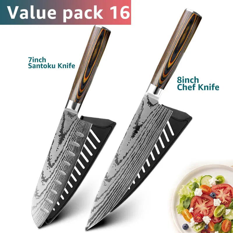 Kitchen knife Set Chef Knives Japanese Utility Paring 7CR17 440C High Carbon Stainless Steel Imitation Damascus Laser Knife