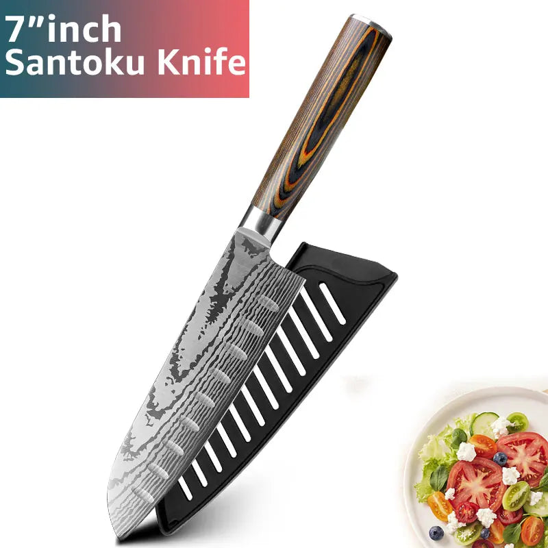 Kitchen knife Set Chef Knives Japanese Utility Paring 7CR17 440C High Carbon Stainless Steel Imitation Damascus Laser Knife