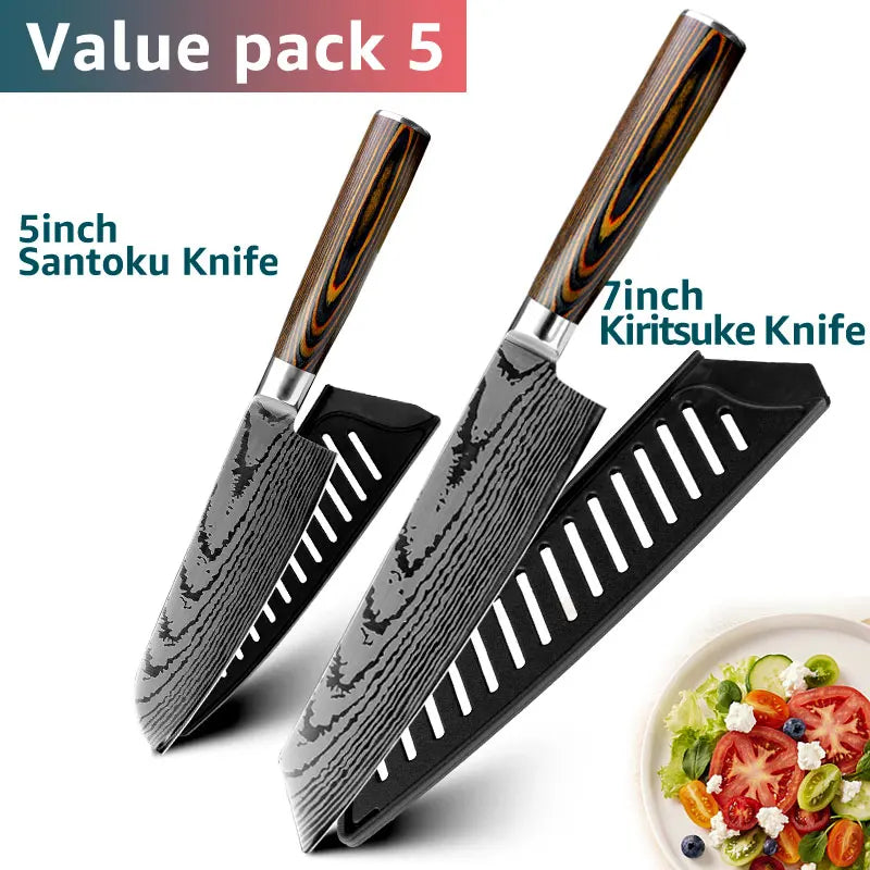 Kitchen knife Set Chef Knives Japanese Utility Paring 7CR17 440C High Carbon Stainless Steel Imitation Damascus Laser Knife