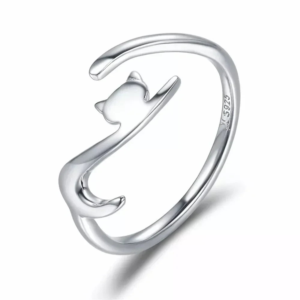 Playful Feline: Adjustable Sterling Silver Cat Ring With Long Tail