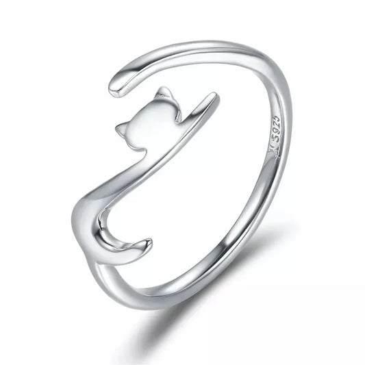 Playful Feline: Adjustable Sterling Silver Cat Ring With Long Tail