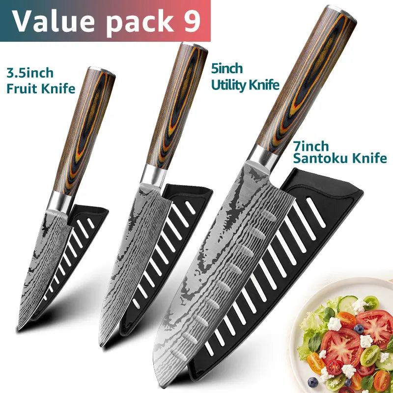 Kitchen knife Set Chef Knives Japanese Utility Paring 7CR17 440C High Carbon Stainless Steel Imitation Damascus Laser Knife