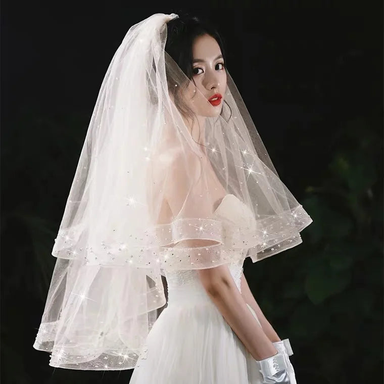 Two Tiers Short Wedding Veil Bling Bling Glitters Ribbon Horsehair Pearls Veil Face-Covered Mesh Bridal Veil Comb velo de novia