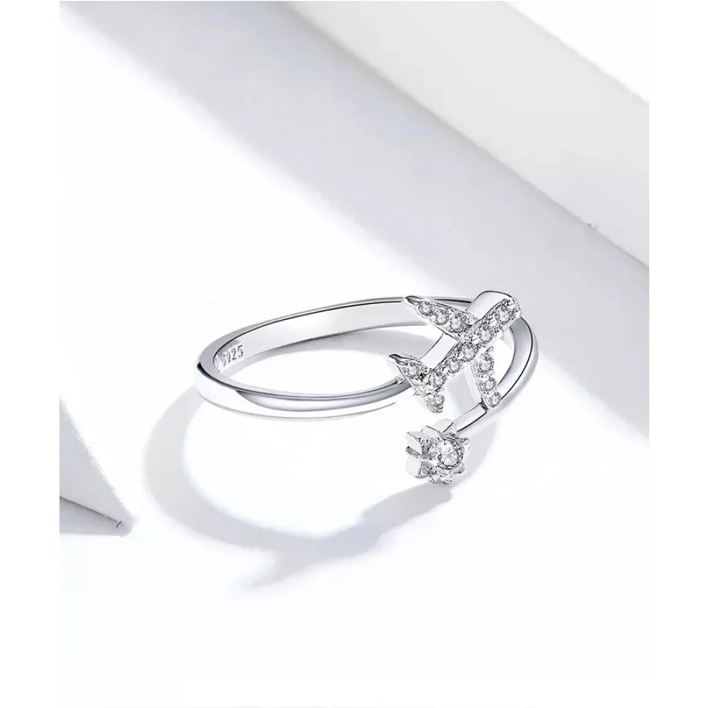 Genuine 925 Sterling Silver Flying Plane Open Adjustable Ring With Clear Cz - Fine Jewelry