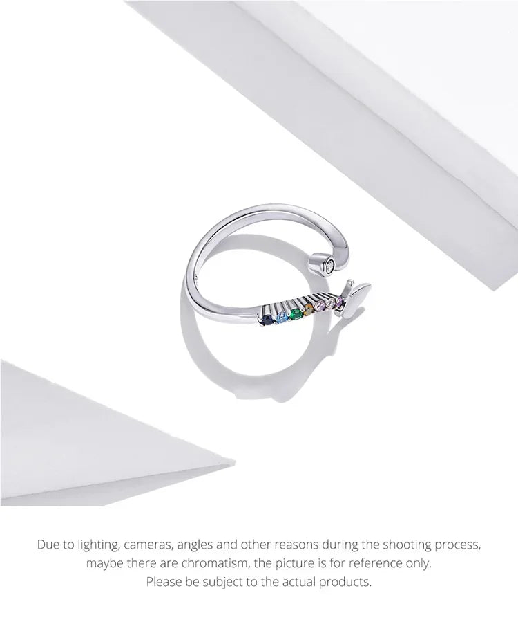 925 Sterling Silver Rainbow Butterfly Ring for Women - Adjustable Open Ring with Colorful Zircon Stones