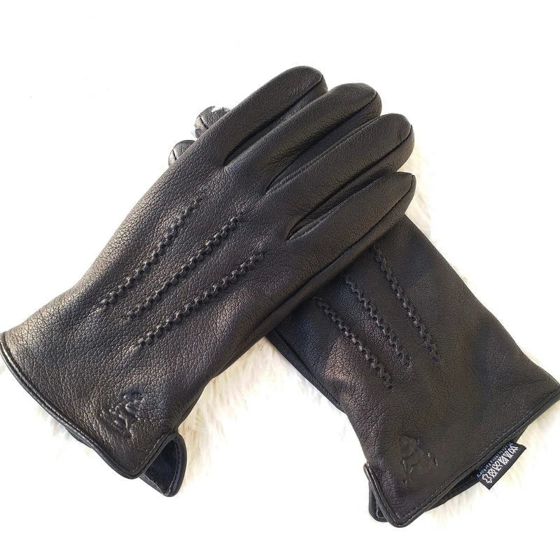 New men's 100% sheepskin gloves, deer skin pattern design, warm and soft men's leather gloves, men's mittens with plush lining