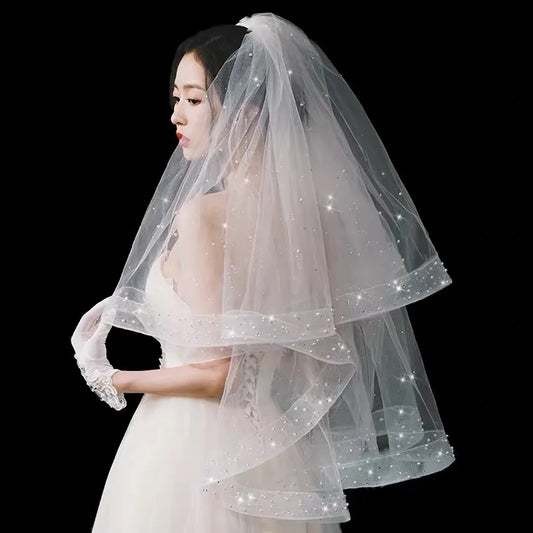 Two Tiers Short Wedding Veil Bling Bling Glitters Ribbon Horsehair Pearls Veil Face-Covered Mesh Bridal Veil Comb velo de novia