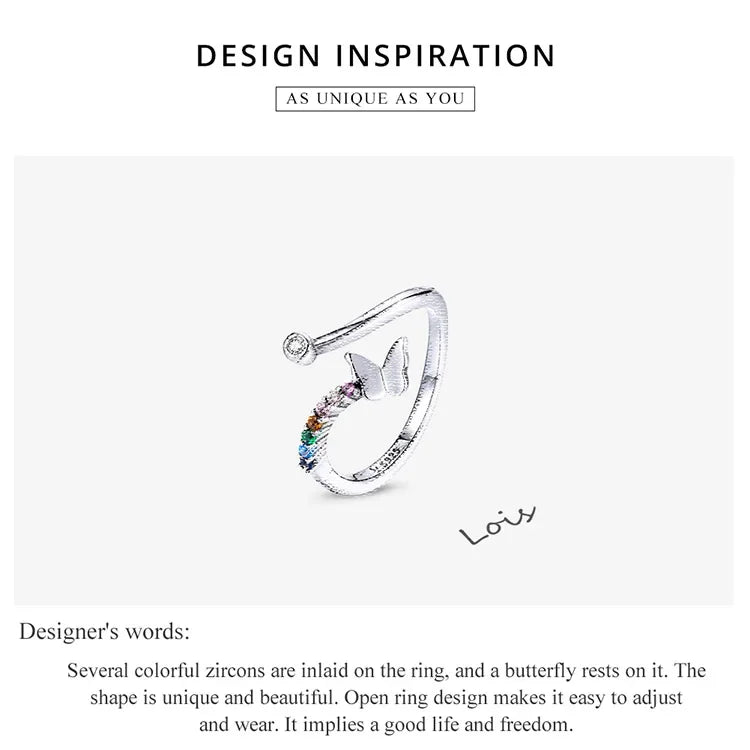 925 Sterling Silver Rainbow Butterfly Ring for Women - Adjustable Open Ring with Colorful Zircon Stones
