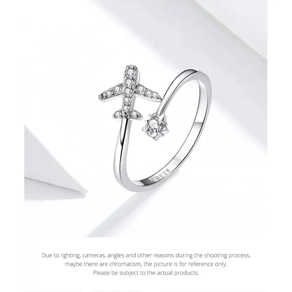 Genuine 925 Sterling Silver Flying Plane Open Adjustable Ring With Clear Cz - Fine Jewelry