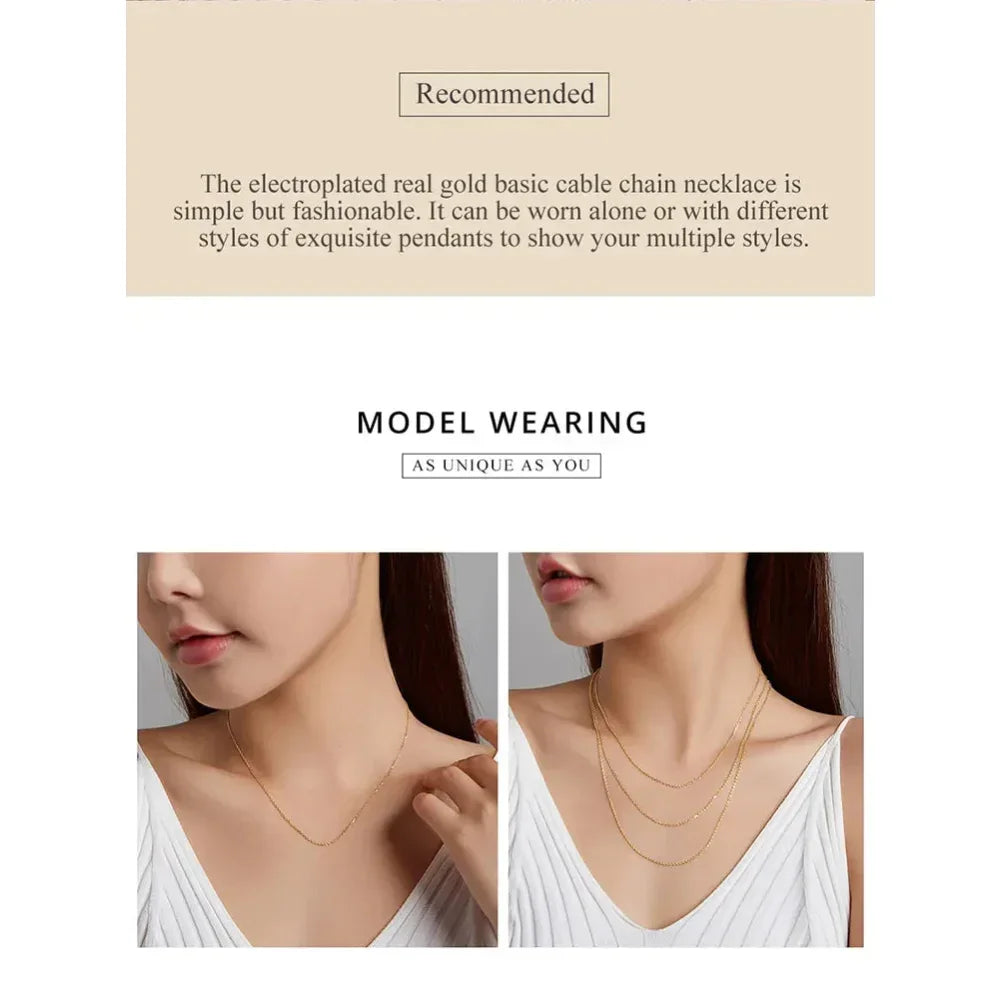 Authentic Gold Color 925 Sterling Silver Basic Cable Chain Necklace - Sca016