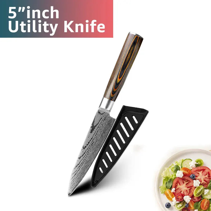 Kitchen knife Set Chef Knives Japanese Utility Paring 7CR17 440C High Carbon Stainless Steel Imitation Damascus Laser Knife
