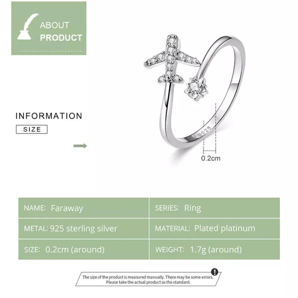 Genuine 925 Sterling Silver Flying Plane Open Adjustable Ring With Clear Cz - Fine Jewelry