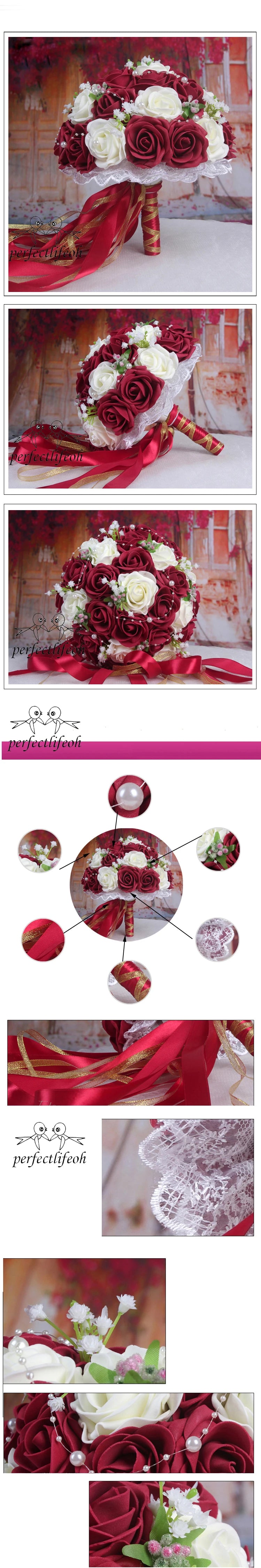 Perfectlifeoh Burgundy Wedding Bouquet Pink/Red/White/Royal Blue Bridal Bridesmaid  Artificial Flower Rose Bride