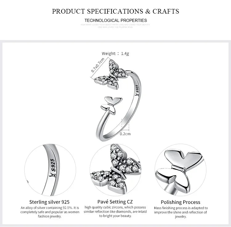 Dazzling Butterfly Sterling Silver Open Ring: A Symbol of Freedom