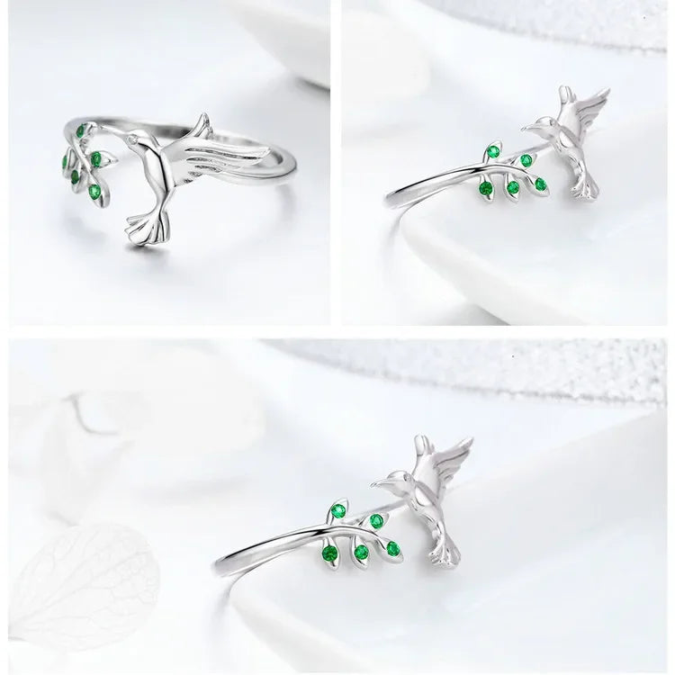 Springtime Elegance: Sterling Silver Tree Leaves & Bird Open Ring