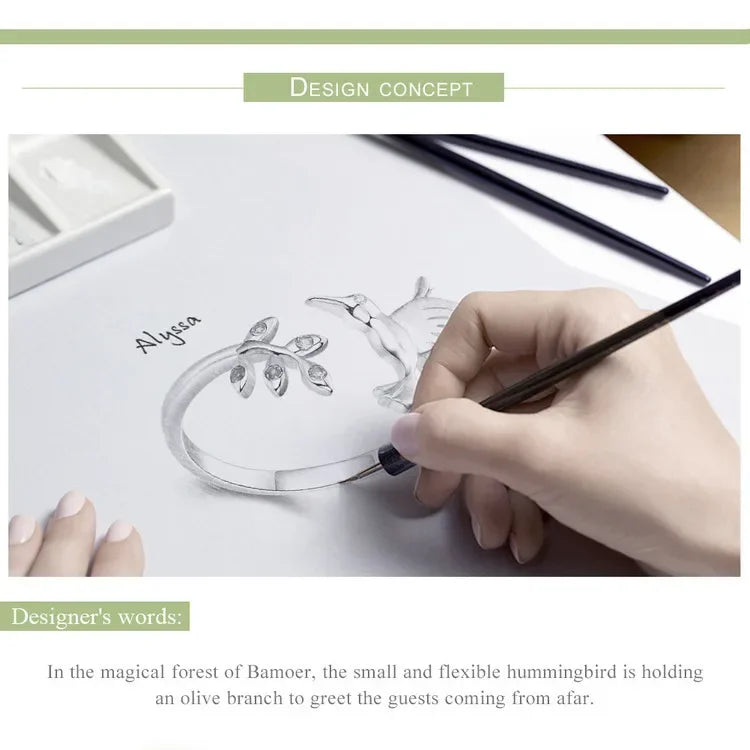 Springtime Elegance: Sterling Silver Tree Leaves & Bird Open Ring