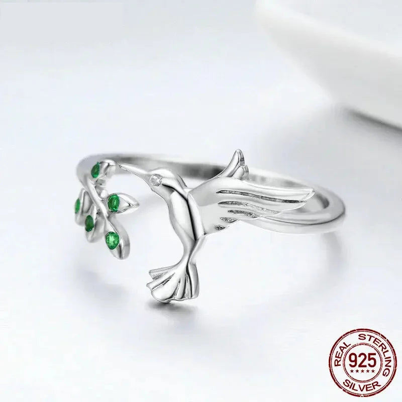 Springtime Elegance: Sterling Silver Tree Leaves & Bird Open Ring