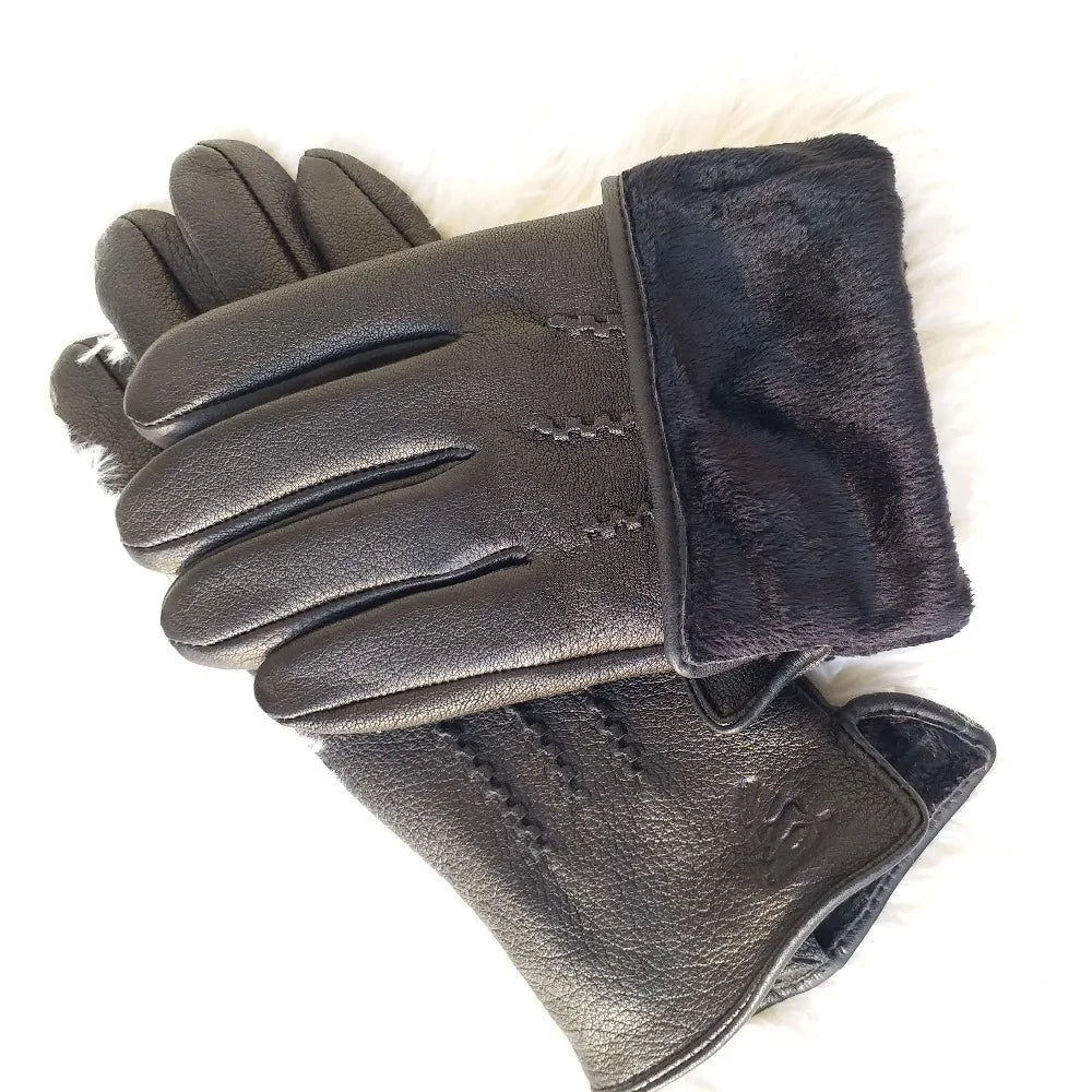 New men's 100% sheepskin gloves, deer skin pattern design, warm and soft men's leather gloves, men's mittens with plush lining