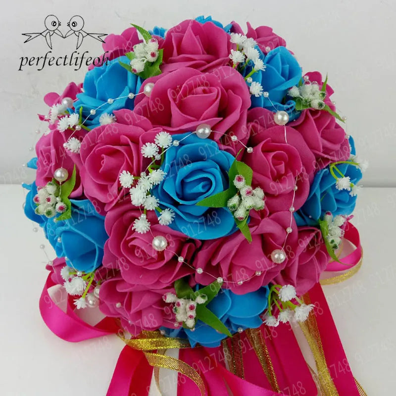 Perfectlifeoh Burgundy Wedding Bouquet Pink/Red/White/Royal Blue Bridal Bridesmaid  Artificial Flower Rose Bride