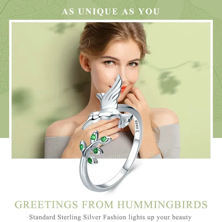 Springtime Elegance: Sterling Silver Tree Leaves & Bird Open Ring