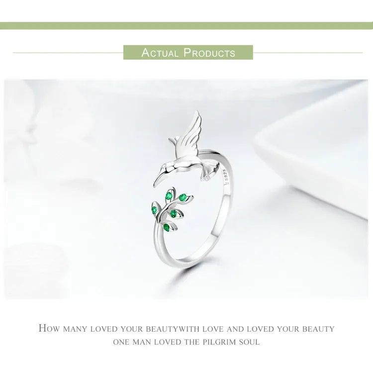 Springtime Elegance: Sterling Silver Tree Leaves & Bird Open Ring