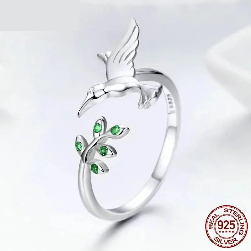Springtime Elegance: Sterling Silver Tree Leaves & Bird Open Ring