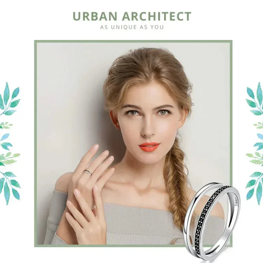 Breathtaking 925 Sterling Silver Double Circle Black Clear Cz Stackable Ring