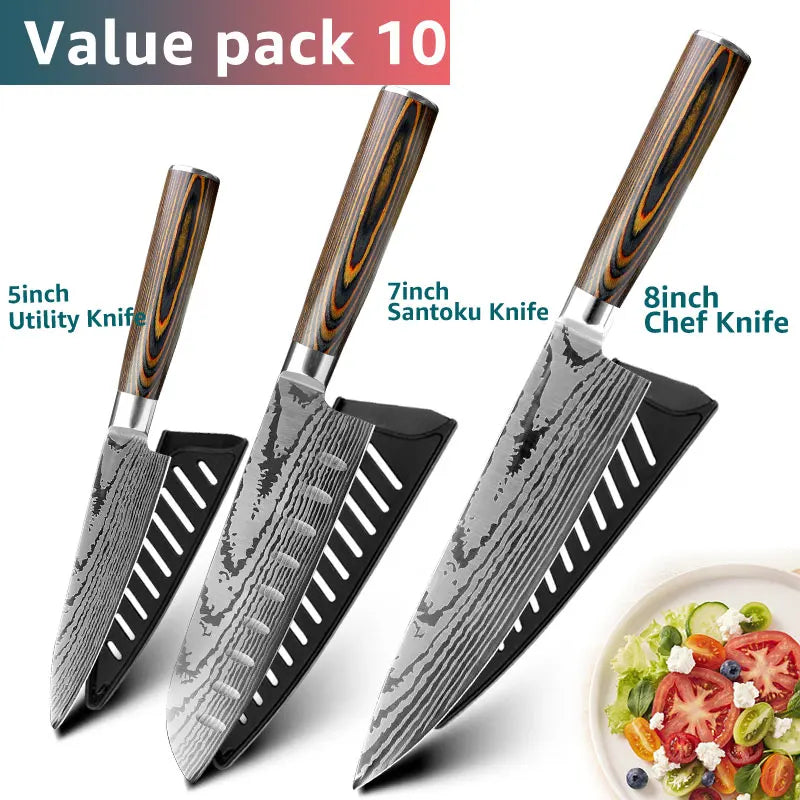 Kitchen knife Set Chef Knives Japanese Utility Paring 7CR17 440C High Carbon Stainless Steel Imitation Damascus Laser Knife