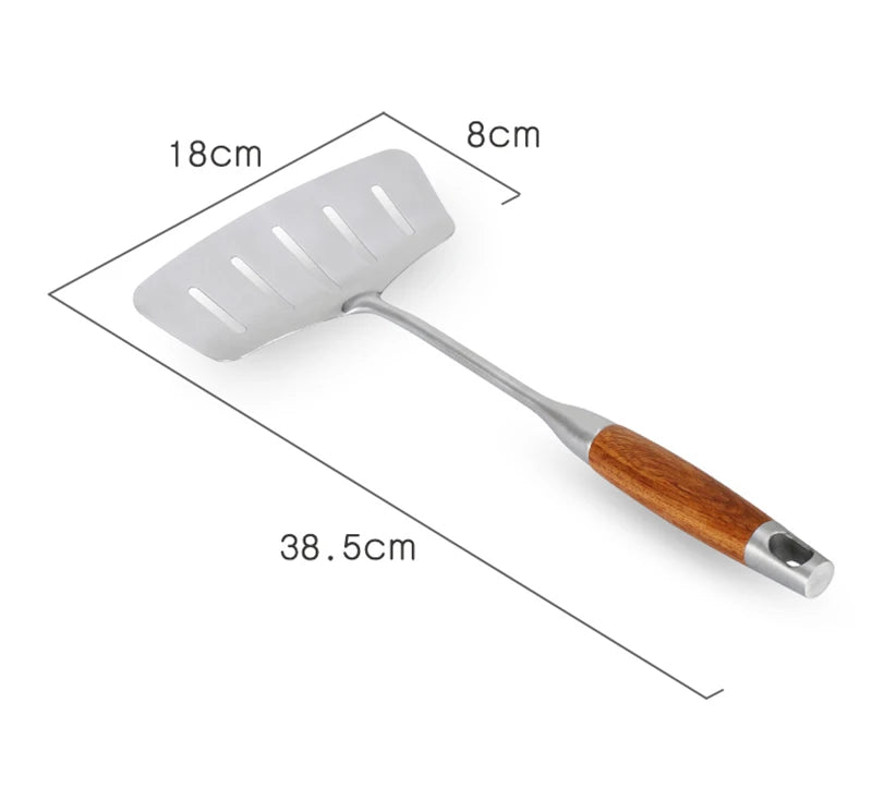 7-Piece Cooking Tools Set, 304 Stainless Steel Kitchen Utensils with Wooden Handle - Turner Soup Spoon Strainer Fish Spatula