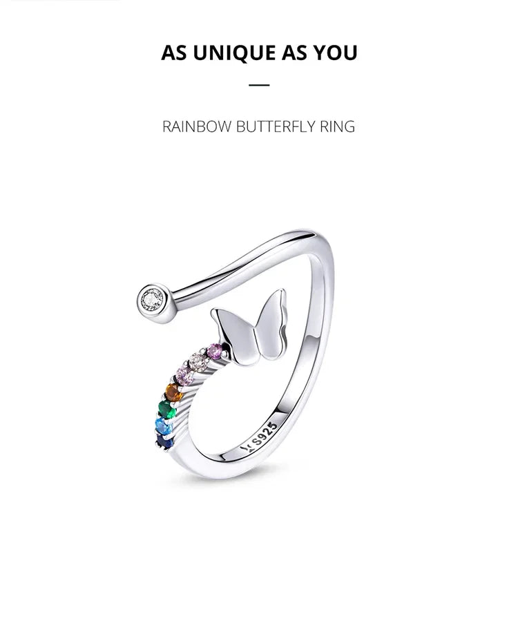 925 Sterling Silver Rainbow Butterfly Ring for Women - Adjustable Open Ring with Colorful Zircon Stones