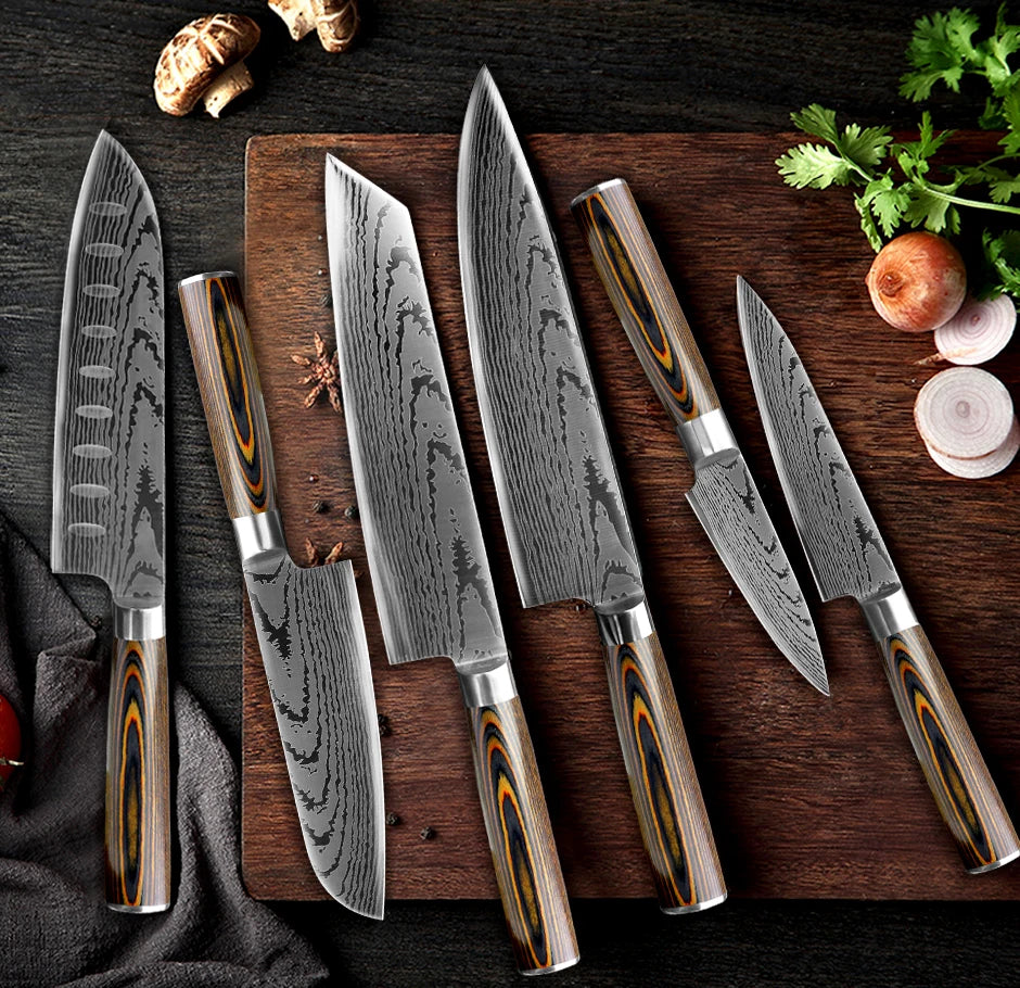 Kitchen knife Set Chef Knives Japanese Utility Paring 7CR17 440C High Carbon Stainless Steel Imitation Damascus Laser Knife