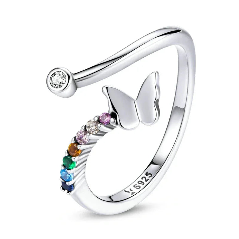 925 Sterling Silver Rainbow Butterfly Ring for Women - Adjustable Open Ring with Colorful Zircon Stones