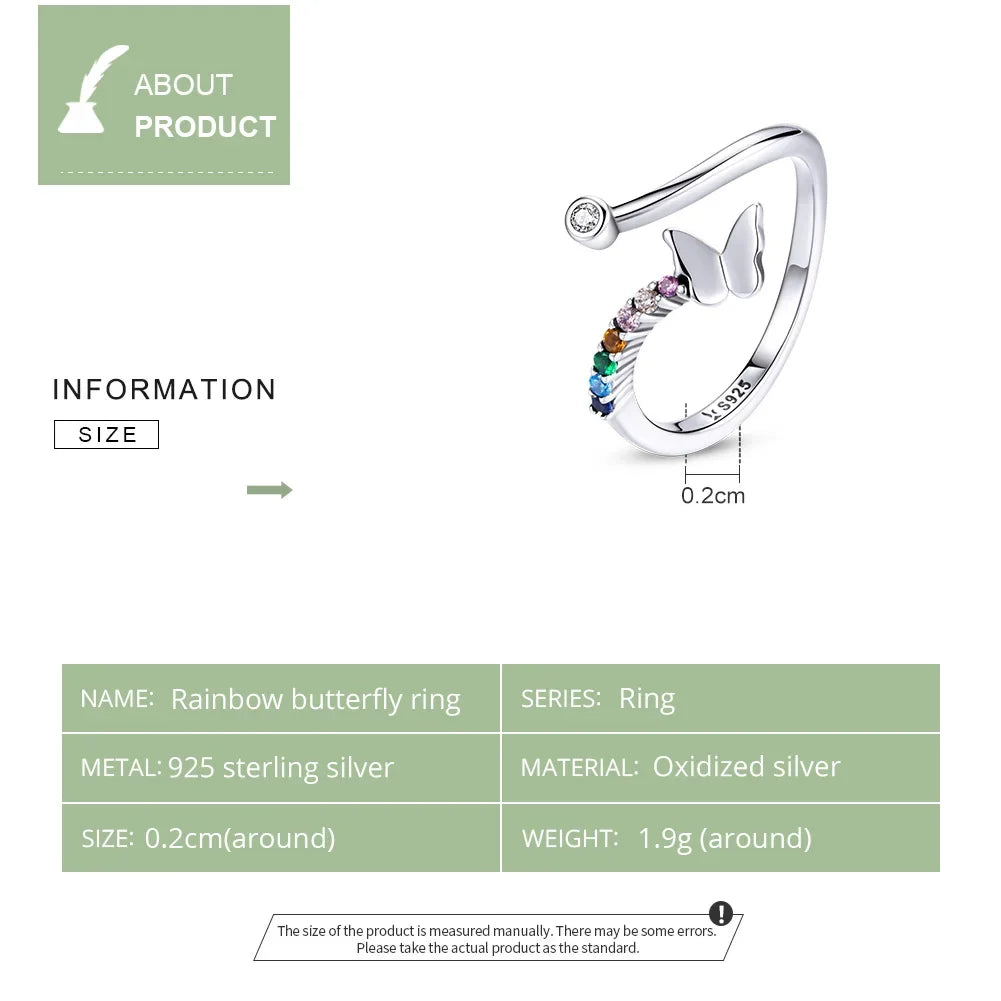 925 Sterling Silver Rainbow Butterfly Ring for Women - Adjustable Open Ring with Colorful Zircon Stones