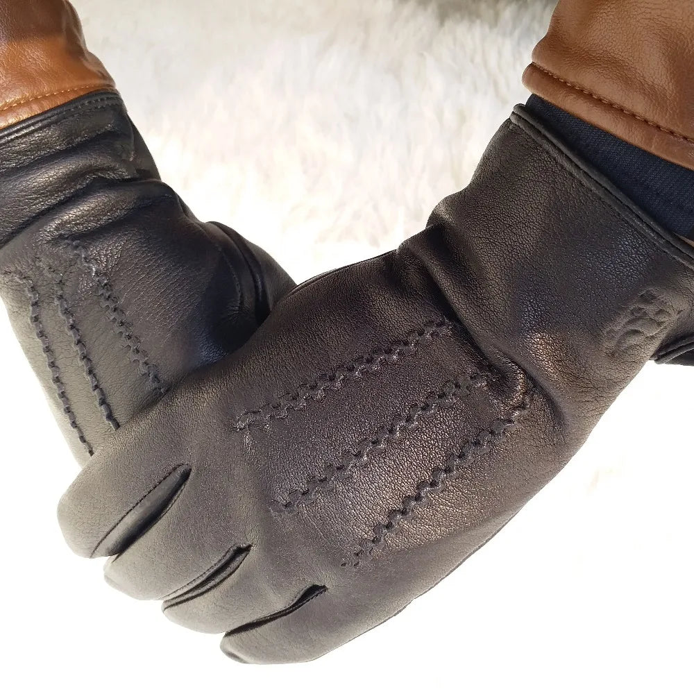 New men's 100% sheepskin gloves, deer skin pattern design, warm and soft men's leather gloves, men's mittens with plush lining