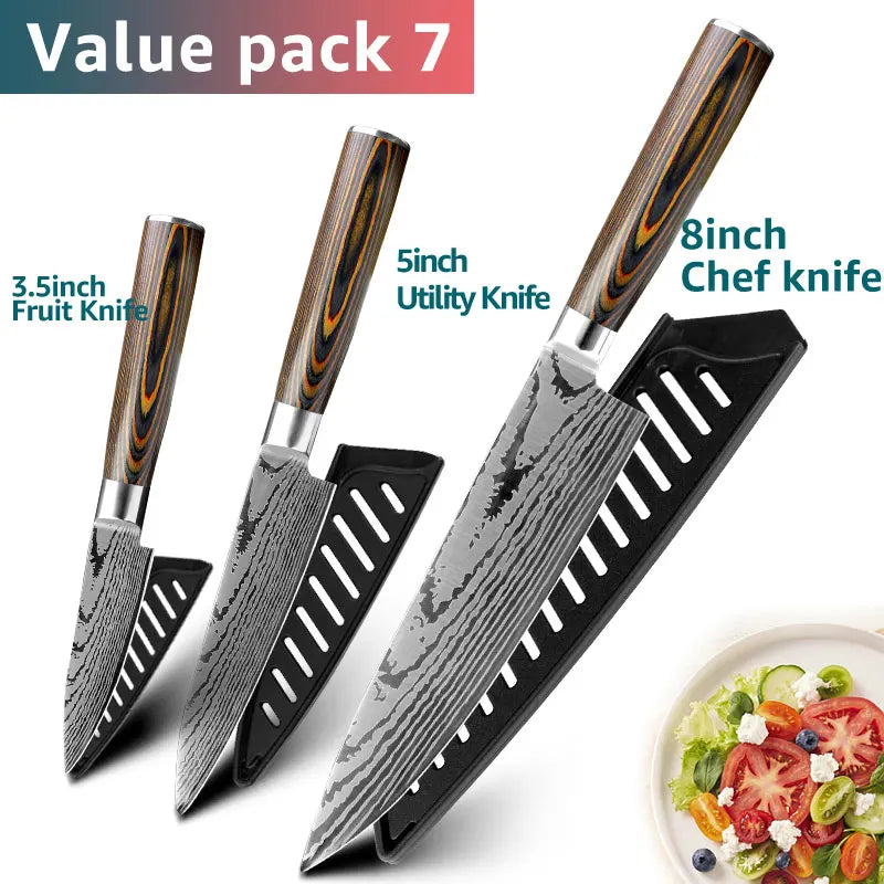 Kitchen knife Set Chef Knives Japanese Utility Paring 7CR17 440C High Carbon Stainless Steel Imitation Damascus Laser Knife