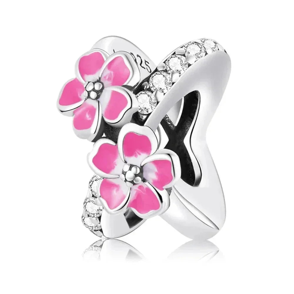 925 Sterling Silver Colorful Birds Flowers Leaves Cz Pendant - Jewelry Charm For Bracelets And Necklaces