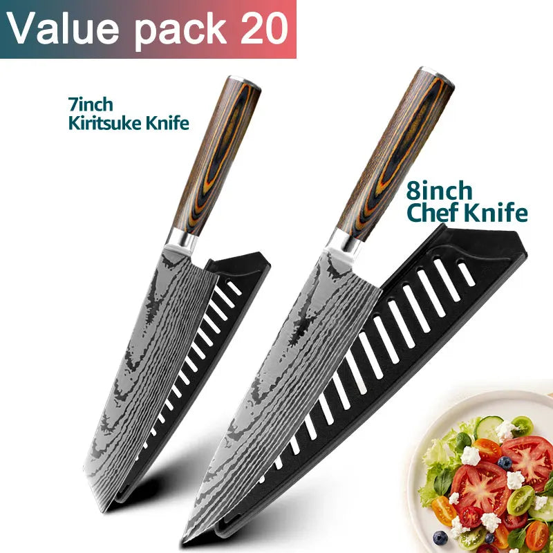 Kitchen knife Set Chef Knives Japanese Utility Paring 7CR17 440C High Carbon Stainless Steel Imitation Damascus Laser Knife