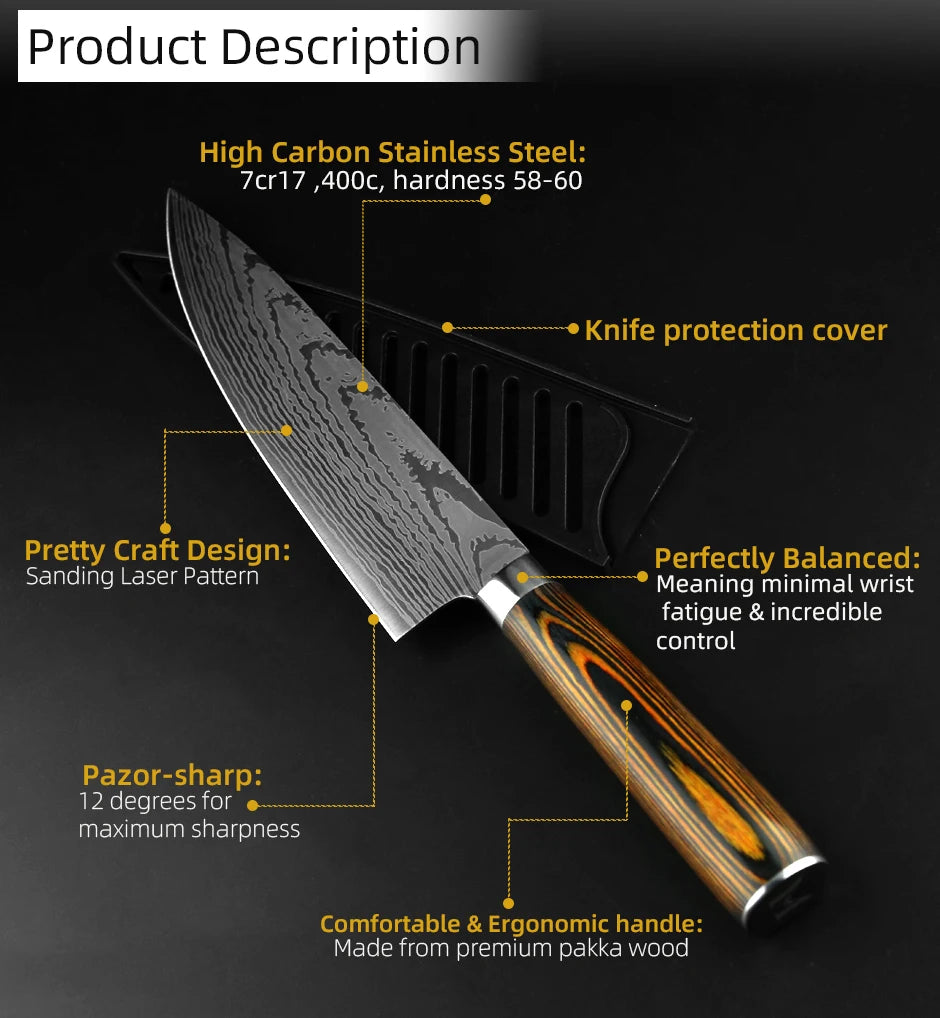Kitchen knife Set Chef Knives Japanese Utility Paring 7CR17 440C High Carbon Stainless Steel Imitation Damascus Laser Knife