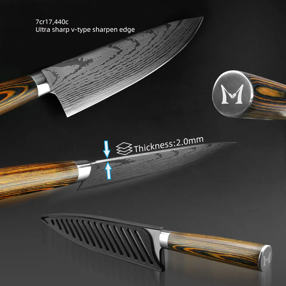 Kitchen knife Set Chef Knives Japanese Utility Paring 7CR17 440C High Carbon Stainless Steel Imitation Damascus Laser Knife