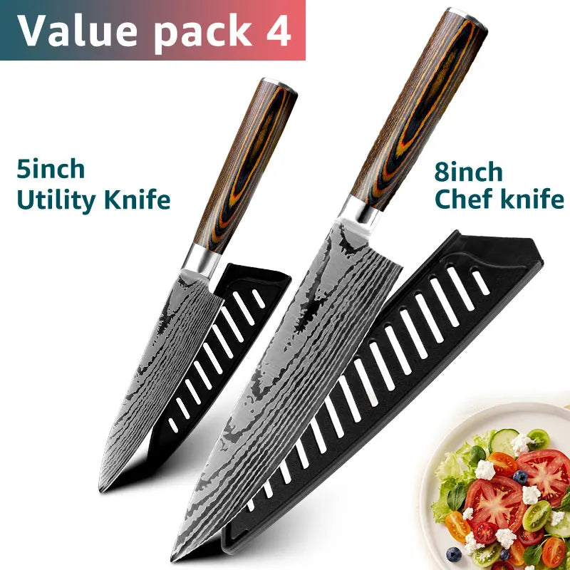 Kitchen knife Set Chef Knives Japanese Utility Paring 7CR17 440C High Carbon Stainless Steel Imitation Damascus Laser Knife