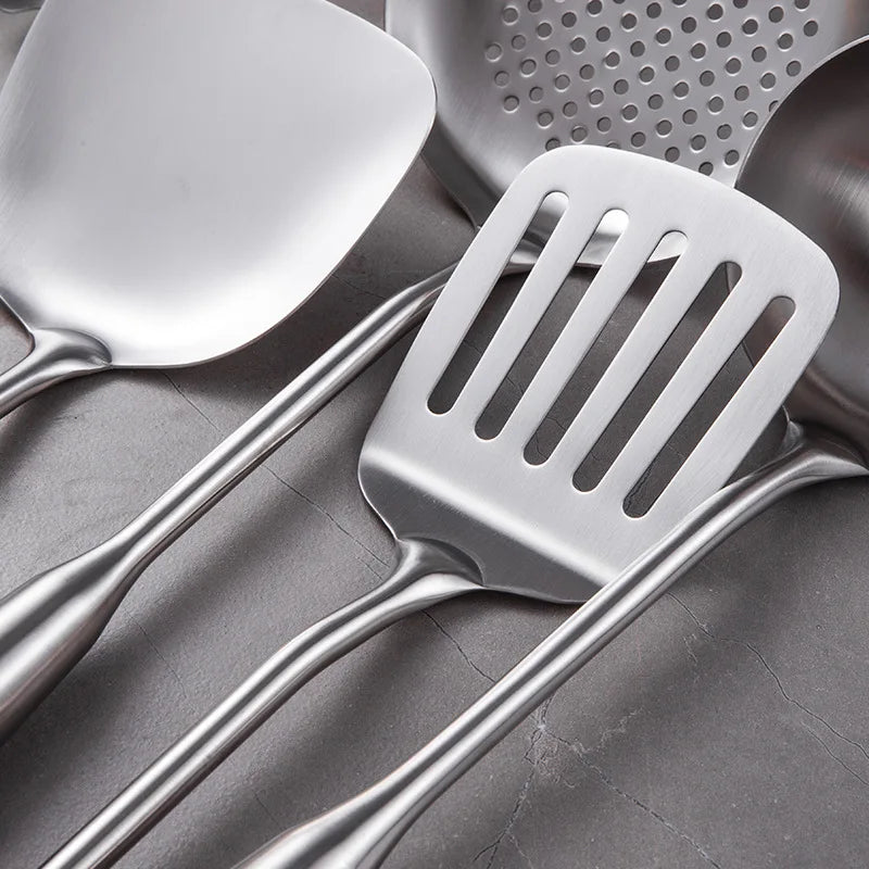 7-Piece Cooking Tools Set, 304 Stainless Steel Kitchen Utensils with Wooden Handle - Turner Soup Spoon Strainer Fish Spatula