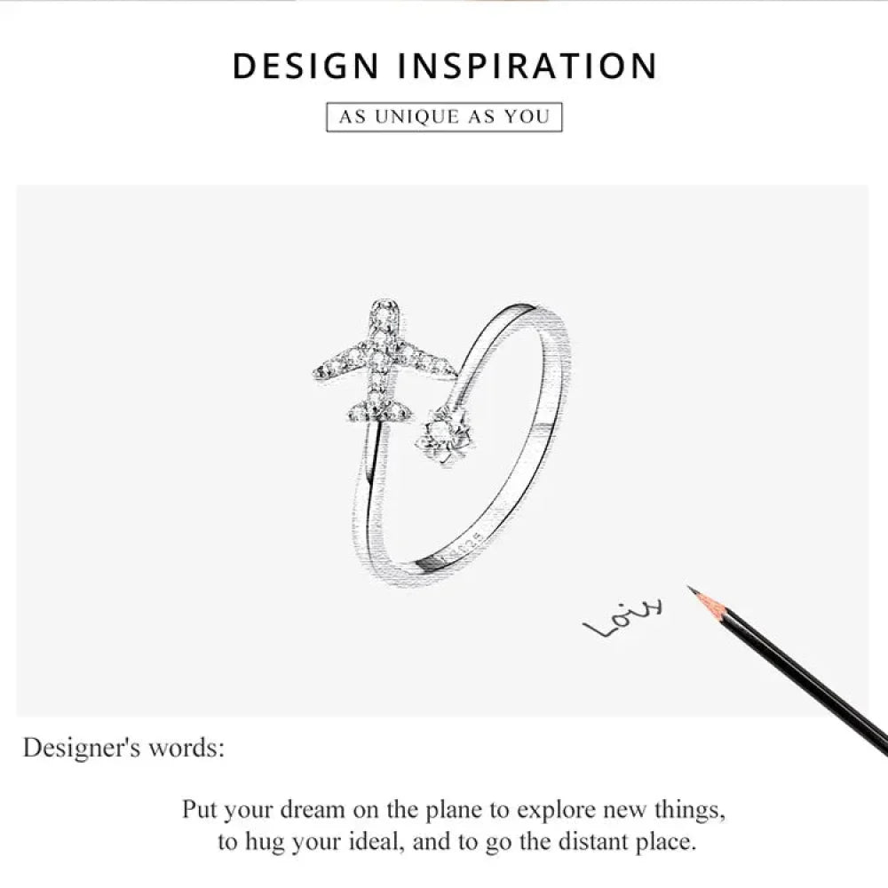Genuine 925 Sterling Silver Flying Plane Open Adjustable Ring With Clear Cz - Fine Jewelry