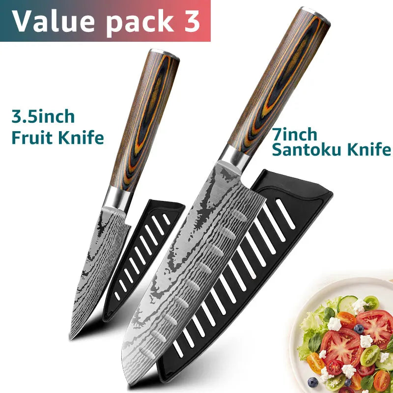 Kitchen knife Set Chef Knives Japanese Utility Paring 7CR17 440C High Carbon Stainless Steel Imitation Damascus Laser Knife