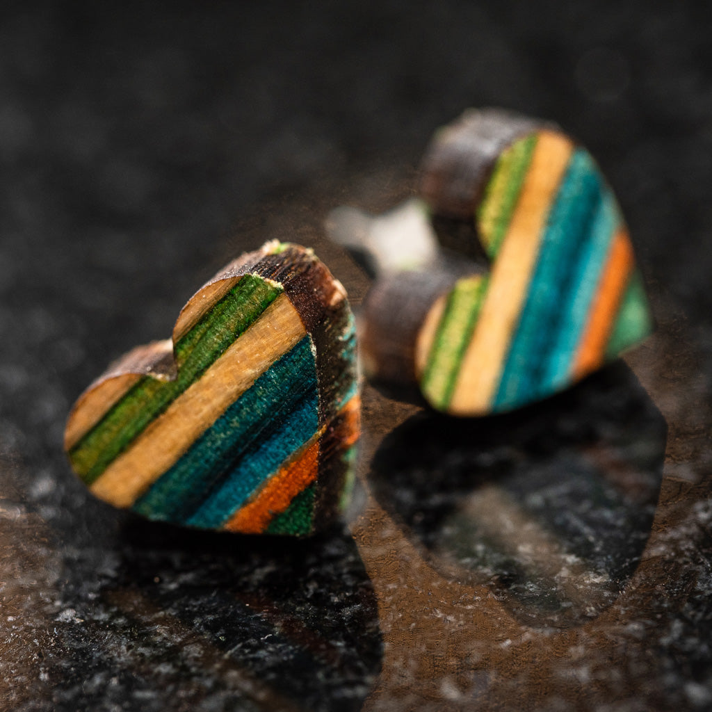 Love Heart Recycled Skateboard Wooden Stud Earrings-3