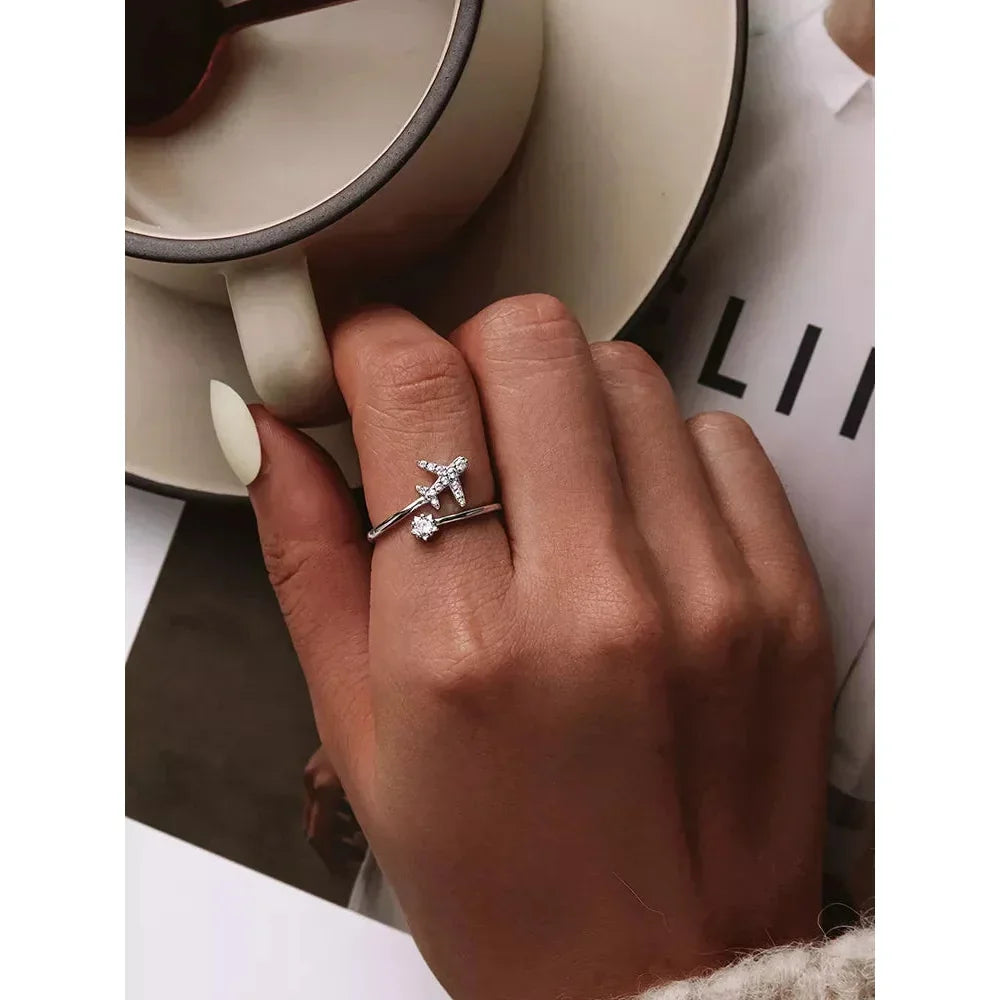 Genuine 925 Sterling Silver Flying Plane Open Adjustable Ring With Clear Cz - Fine Jewelry
