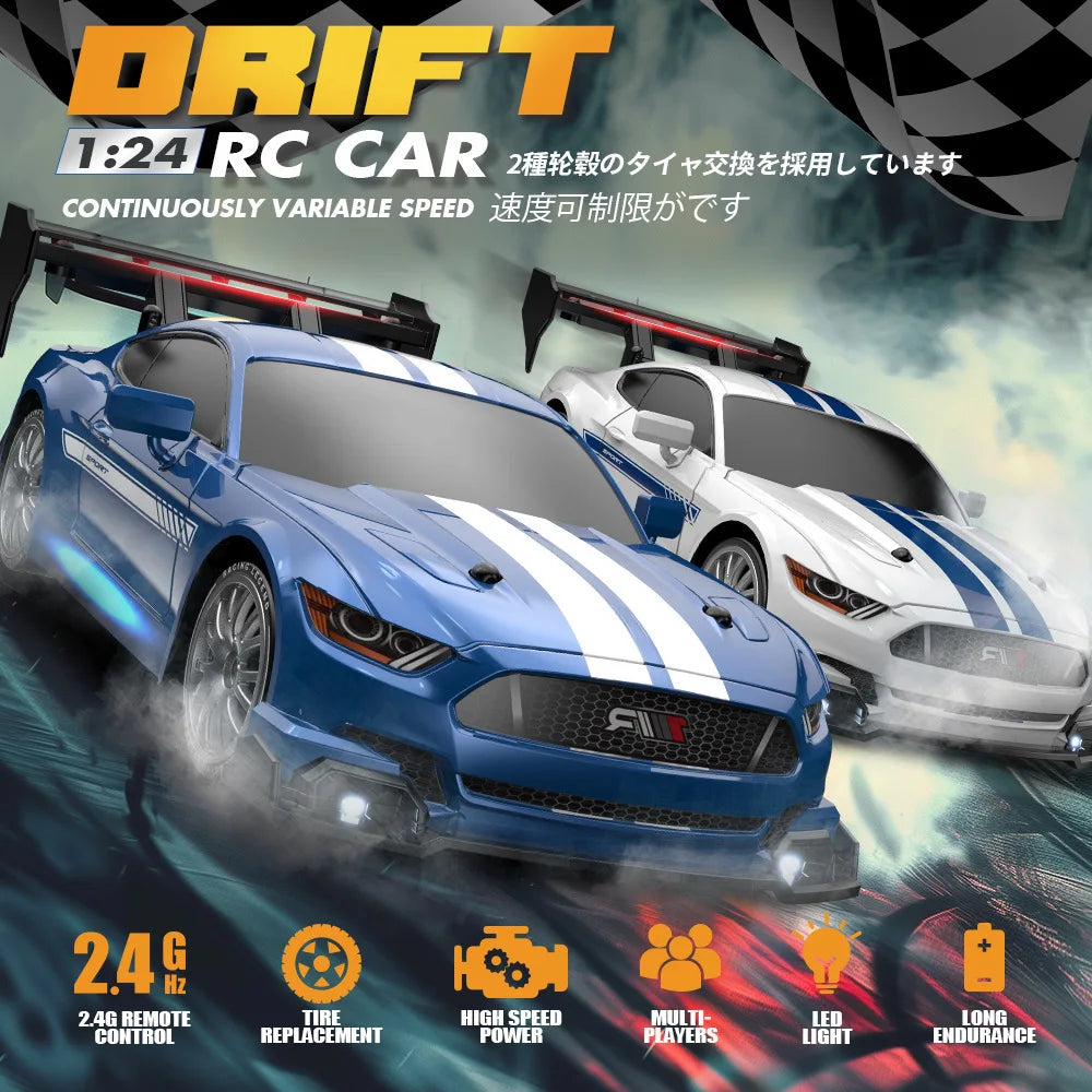 High-Speed 1:24 RC Mustang Drift Car with Remote & Replaceable Tires-1
