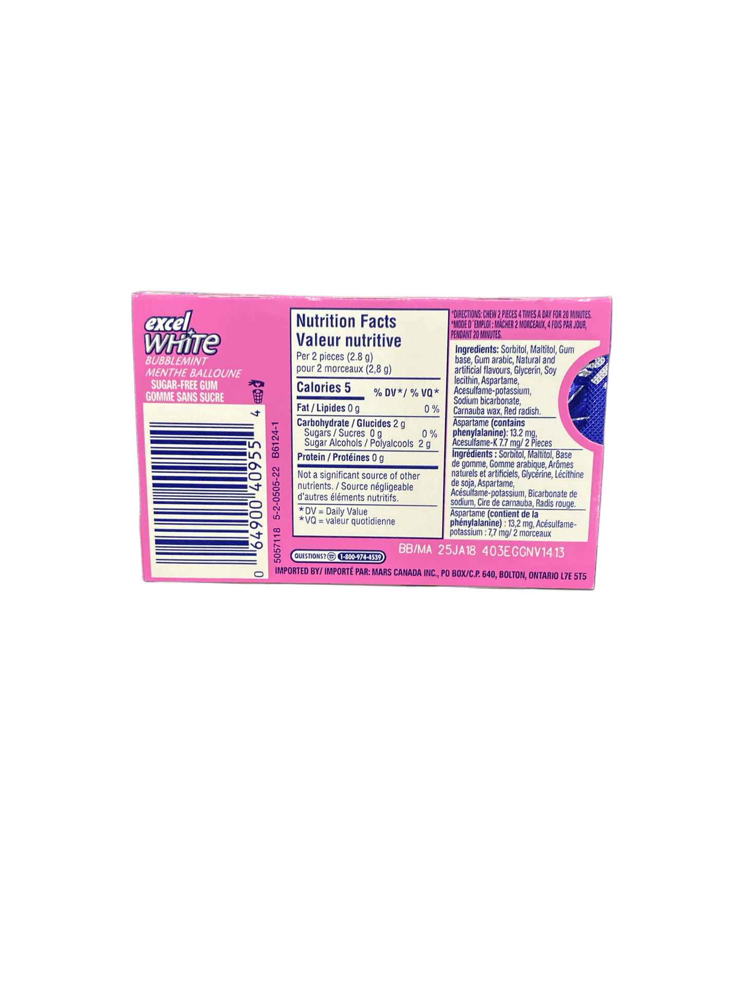 Excel White Bubblemint Gum 12 Pieces - Canadian Edition