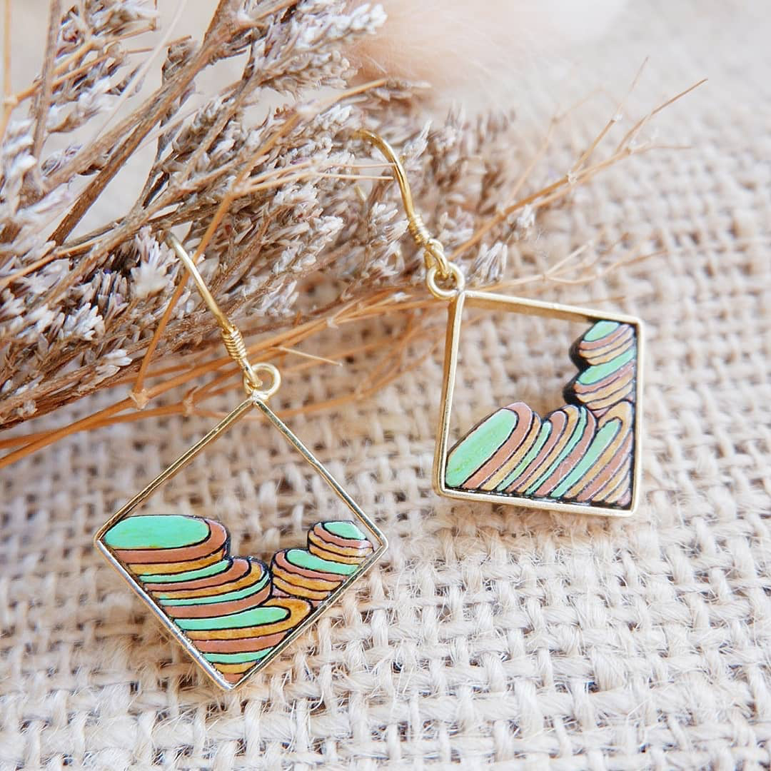 Rice Terrace Eco-friendly Recycled Wood Gold Earrings-3